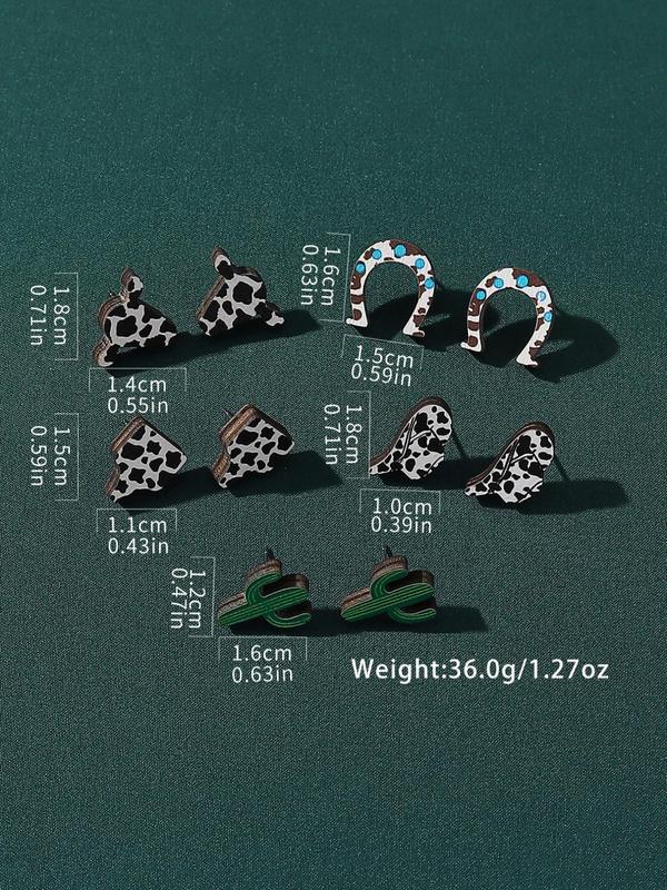 Random Print Milk Cow & Cactus Decor Stud Earrings, 5 Pairs set Casual Creative Wooden Ear Jewelry for Women, All-match Basic Fashion Accessories for Daily Used