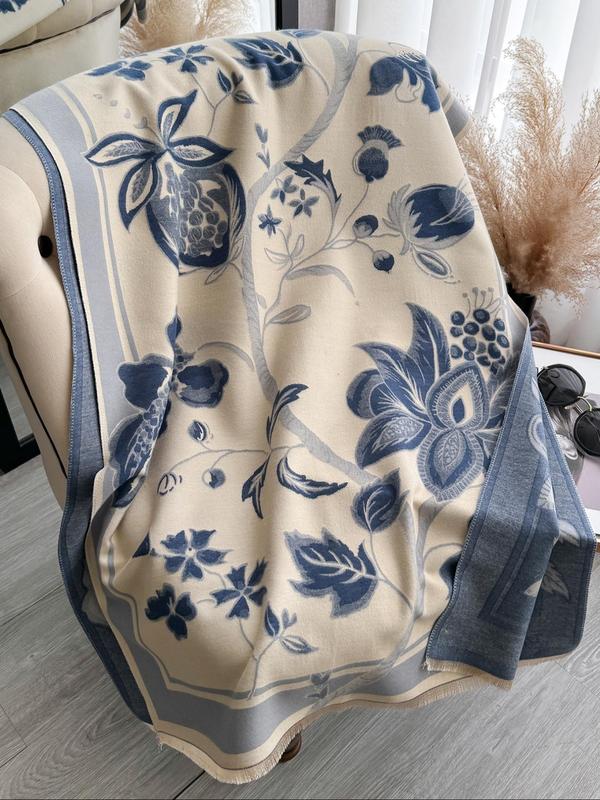 Floral Print Tassel Decor Double Sided Shawl, Casual Soft Warm Long Scarf for Fall & Winter, Fashion Accessories for Women & Men