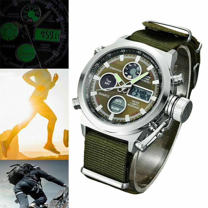 Men Military Wrist Watch Army Green Analog Digital Quartz Nylon Canvas