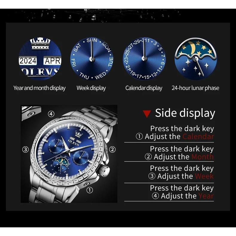 OLEVS 6695 Automatic Mechanical Men's Watches 24 Hours Moon Phase Wristwatch Luxury Brand Classic Original Watch Man