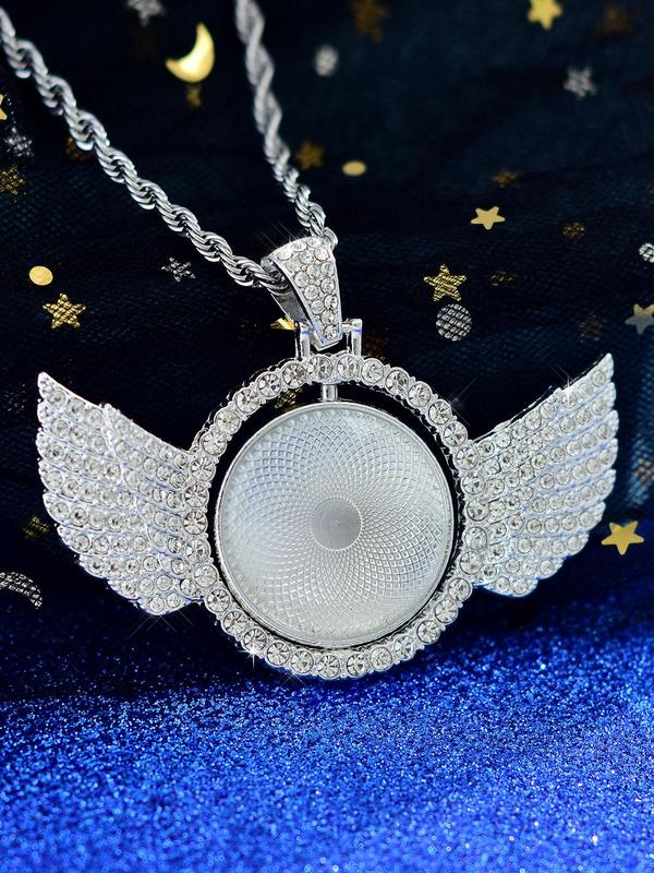 Angel Wing Design Pendant Necklace for Women for Gift, Rhinestone Decor Round Shaped Jewelry for Women Party, Club, Elegant Fashion Accessories for Daily Wear,  Men's Chain