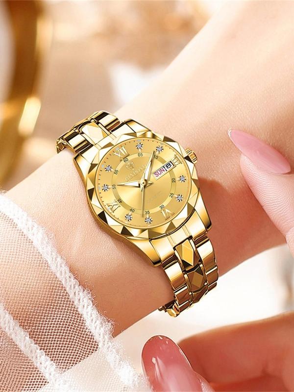 Women's Elegant Rhinestone Decorated Round Dial Analog Quartz Watch, Fashionable Stainless Steel Strap Watch for Women & Girls, Calendar Function 30m Waterproof Meter Watch for Birthday Gift with Box, Fall Outfit