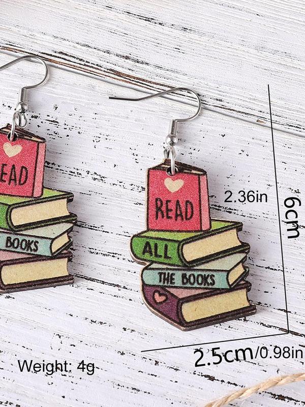 Cute Letter Pattern Dangle Earrings (1 Pair), Wooden Book Design Drop Earrings for Girls for Party Wear, Fashion Jewelry for Women, Daily Clothing Decor