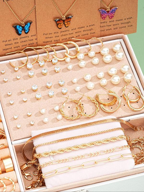 Women's Elegant Faux Pearl & Butterfly Decor Jewelry Set, Exquisite Trendy Pendant Necklace & Stud Earrings & Ring & Bracelet, Fashionable Jewelry Set for Women As Gift