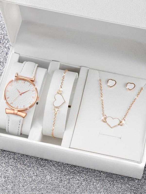 Round Dial Analog Quartz Watch & Heart Charm Bracelet & Necklace & Stud Earrings, Minimalist Vintage Luxury 2024 Trendy Wristwatch for Gf, without Box Summer Watch Set As Girlfriend Gifts