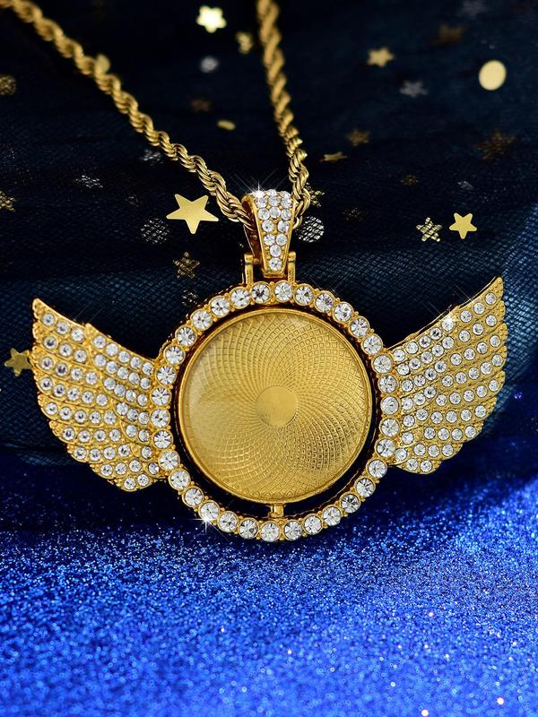 Angel Wing Design Pendant Necklace for Women for Gift, Rhinestone Decor Round Shaped Jewelry for Women Party, Club, Elegant Fashion Accessories for Daily Wear,  Men's Chain