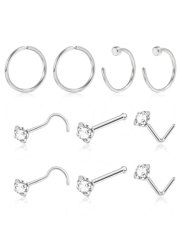 Rhinestone Decorated Stainless Steel Piercing Nose Ring (10pcs), L Shaped Nose Stud for Women & Men, Fashion Jewelry for Party, Daily Clothing Decor, Birthday Gift