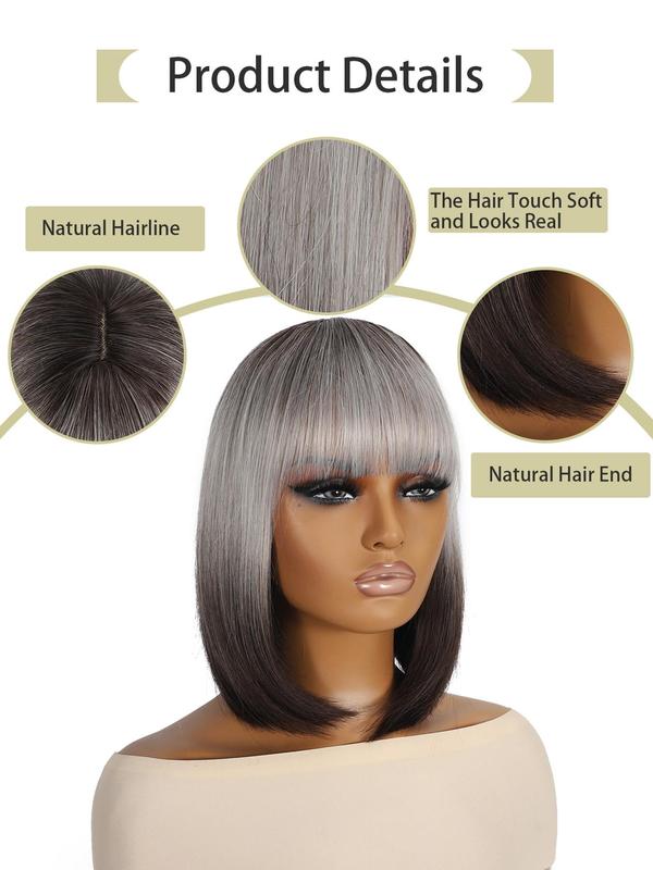 12 Inch Gray Ombre Black Short Bob Wigs for Women, Gorgeous Fluffy Heat-resistant Wigs with Blunt Bangs, Synthetic Full Machine Wigs for Party, Daily Use