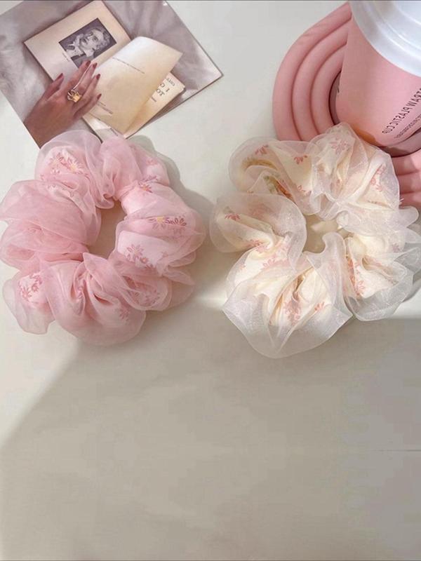 Ditsy Floral Print Scrunchie (3pcs), Elegant High Stretch Hair Accessories for Women & Girls, Minimalist Headwear Suitable for Thick Hair, Extra-large Chiffon Scrunchy