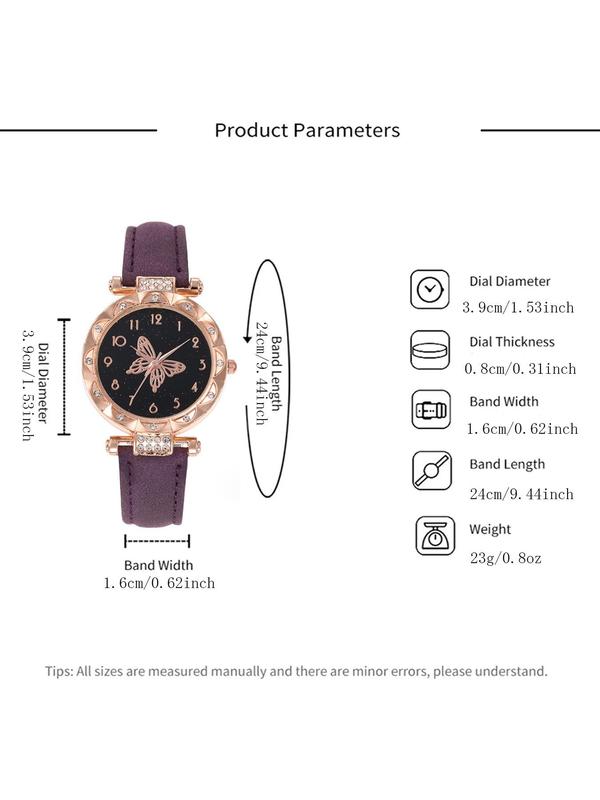 Women's Elegant Fashion Butterfly Design Quartz Watch & Bracelet & Necklace & Earrings, without Box, 2024 New Style Watch Set for Women As Anniversary Gift