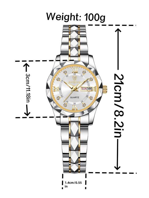 Women's Elegant Rhinestone Decorated Round Dial Analog Quartz Watch, Fashionable Stainless Steel Strap Watch for Women & Girls, Calendar Function 30m Waterproof Meter Watch for Birthday Gift with Box, Fall Outfit