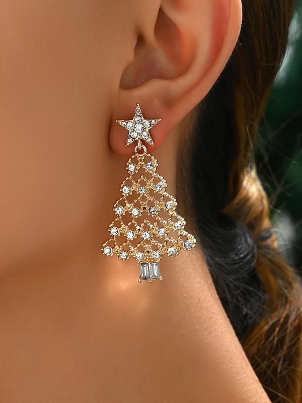 Rhinestone Decorated Christmas Tree Design Dangle Earrings, Fashionable Jewelry for Women & Girls, Trendy All-match & Exquisite Jewelry for Birthday Gift