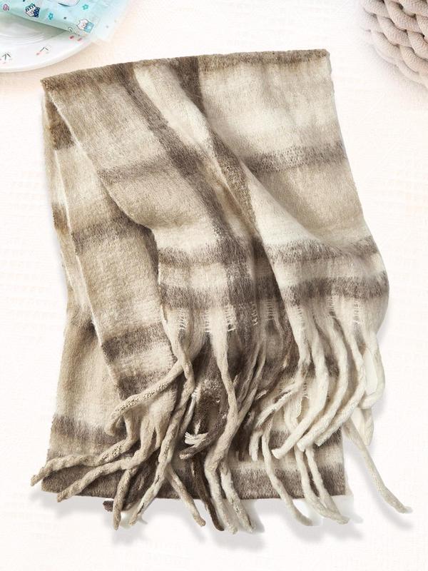 Plaid Pattern Fringe Trim Design Scarf, Casual Soft Warm Thickened Shawl for Fall & Winter, Fashion Accessories for Women & Men