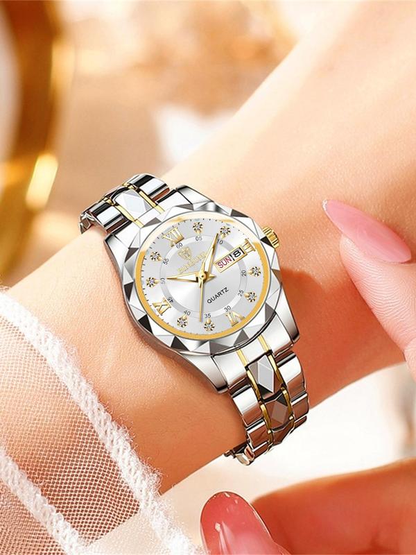 Women's Elegant Rhinestone Decorated Round Dial Analog Quartz Watch, Fashionable Stainless Steel Strap Watch for Women & Girls, Calendar Function 30m Waterproof Meter Watch for Birthday Gift with Box, Fall Outfit