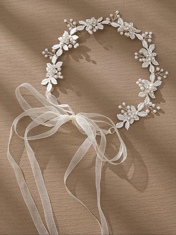  Faux Pearl Decorated Flower Design Headband, Elegant Wedding Bridal Hair Accessories