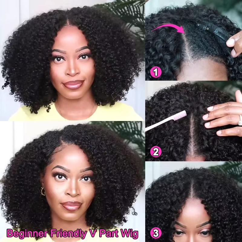 OQ HAIR Afro Curly V Part Wig No Leave Out Thin Part Human Hair Wigs 0 Skill Needed Glueless Wig Beginner Friendly