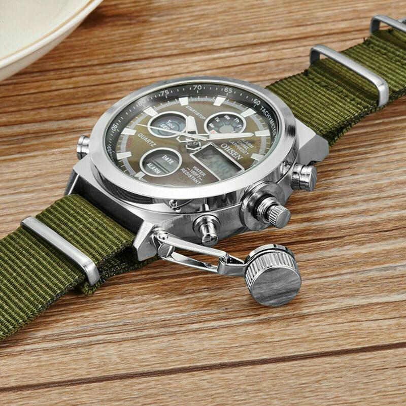 Men Military Wrist Watch Army Green Analog Digital Quartz Nylon Canvas