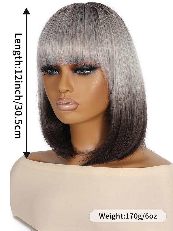 12 Inch Gray Ombre Black Short Bob Wigs for Women, Gorgeous Fluffy Heat-resistant Wigs with Blunt Bangs, Synthetic Full Machine Wigs for Party, Daily Use