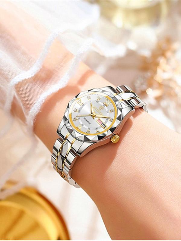 Women's Elegant Rhinestone Decorated Round Dial Analog Quartz Watch, Fashionable Stainless Steel Strap Watch for Women & Girls, Calendar Function 30m Waterproof Meter Watch for Birthday Gift with Box, Fall Outfit