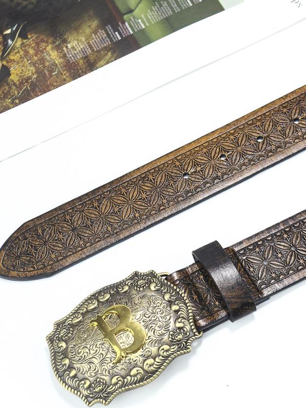 Vintage Western Cowboy Style PU Leather Belt, Ethnic Pattern Buckle Belt for Men & Women, Fashion Belt for Party, Daily Clothing Decor, Trendy All-match & Exquisite Belt for Birthday Gift