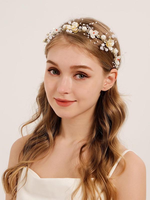  Faux Pearl Decorated Flower Design Headband, Elegant Wedding Bridal Hair Accessories