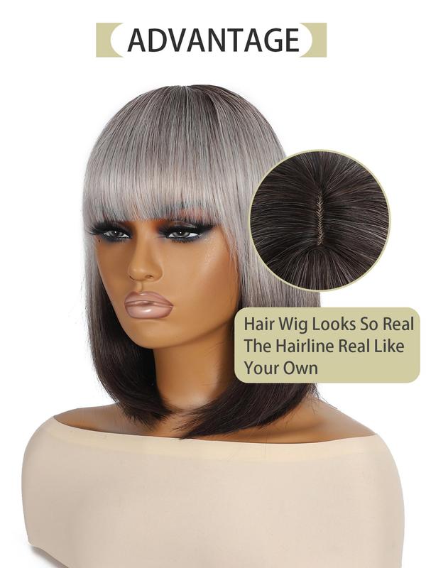 12 Inch Gray Ombre Black Short Bob Wigs for Women, Gorgeous Fluffy Heat-resistant Wigs with Blunt Bangs, Synthetic Full Machine Wigs for Party, Daily Use