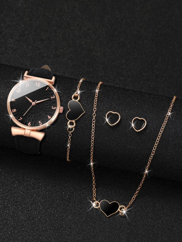 Round Dial Analog Quartz Watch & Heart Charm Bracelet & Necklace & Stud Earrings, Minimalist Vintage Luxury 2024 Trendy Wristwatch for Gf, without Box Summer Watch Set As Girlfriend Gifts