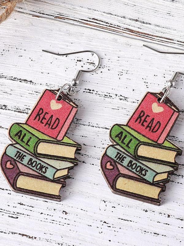 Cute Letter Pattern Dangle Earrings (1 Pair), Wooden Book Design Drop Earrings for Girls for Party Wear, Fashion Jewelry for Women, Daily Clothing Decor