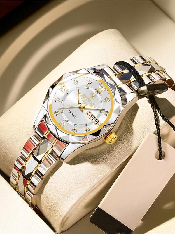 Women's Elegant Rhinestone Decorated Round Dial Analog Quartz Watch, Fashionable Stainless Steel Strap Watch for Women & Girls, Calendar Function 30m Waterproof Meter Watch for Birthday Gift with Box, Fall Outfit