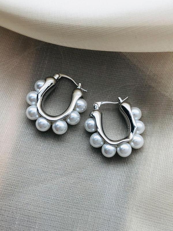 1 Pair Elegant U-shaped Faux Pearl Decorated Hoop Earrings, Casual Alloy Jewelry For Women, Daily Clothing Decor For Girl