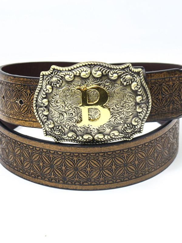 Vintage Western Cowboy Style PU Leather Belt, Ethnic Pattern Buckle Belt for Men & Women, Fashion Belt for Party, Daily Clothing Decor, Trendy All-match & Exquisite Belt for Birthday Gift