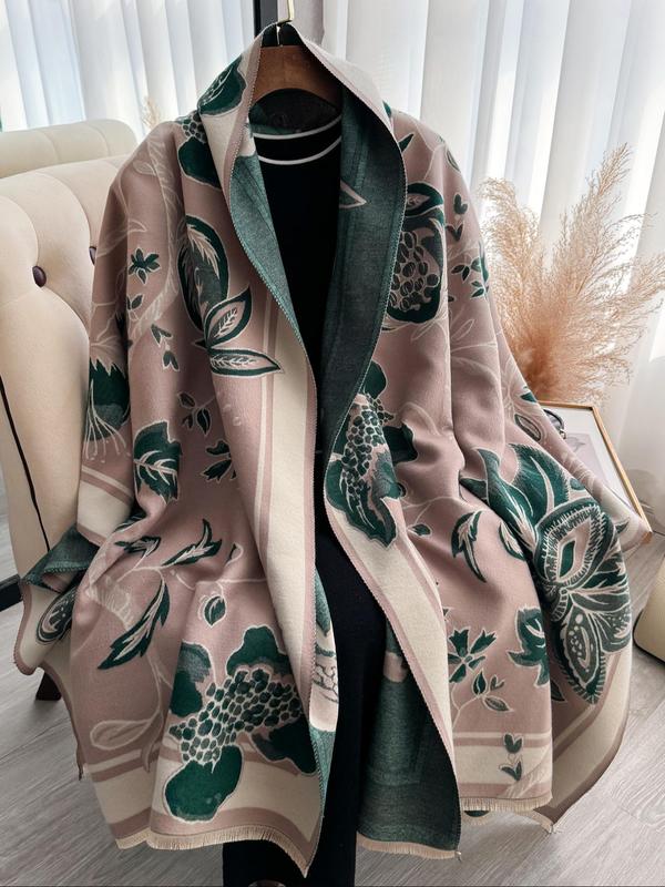 Floral Print Tassel Decor Double Sided Shawl, Casual Soft Warm Long Scarf for Fall & Winter, Fashion Accessories for Women & Men