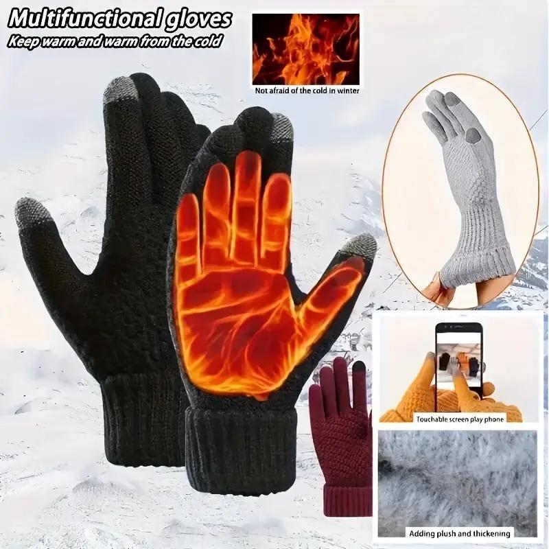 Knitted Thermal Winter Woolen Gloves, 1 Pair Solid Color Touch Screen Thickened Sports Gloves for Cycling Hiking, Sports & Outdoor Accessories, Christmas Gift