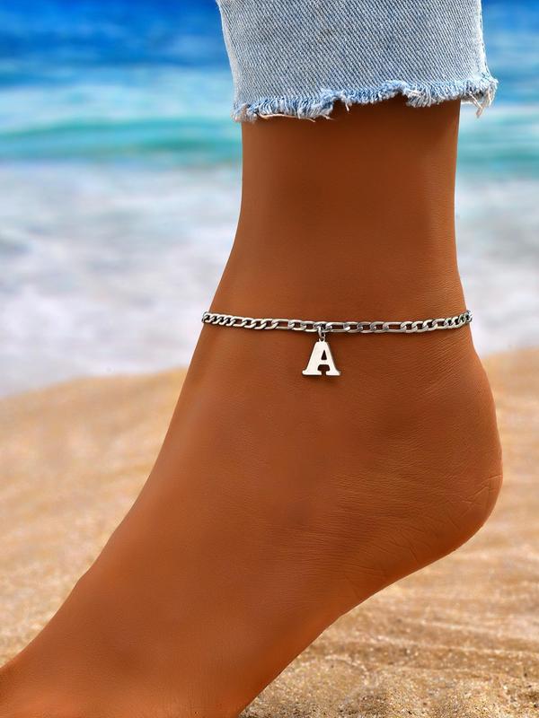 Figaro Chain Anklet with Letter Pendant for Women & Girls,  Stainless Steel Jewelry for Party, Beach Clothing Decor, Trendy All-match & Exquisite Jewelry for Birthday Gift