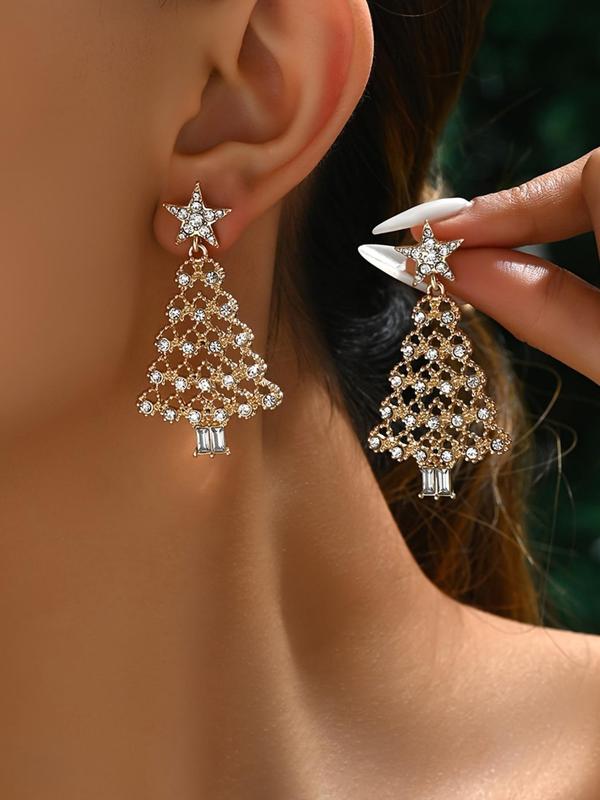 Rhinestone Decorated Christmas Tree Design Dangle Earrings, Fashionable Jewelry for Women & Girls, Trendy All-match & Exquisite Jewelry for Birthday Gift