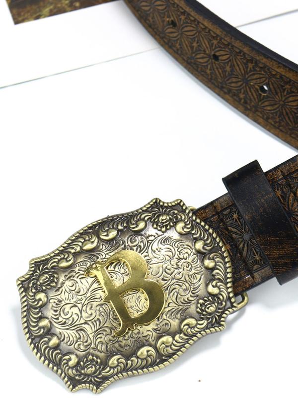 Vintage Western Cowboy Style PU Leather Belt, Ethnic Pattern Buckle Belt for Men & Women, Fashion Belt for Party, Daily Clothing Decor, Trendy All-match & Exquisite Belt for Birthday Gift