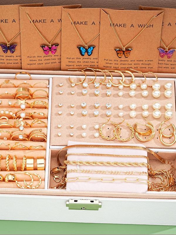 Women's Elegant Faux Pearl & Butterfly Decor Jewelry Set, Exquisite Trendy Pendant Necklace & Stud Earrings & Ring & Bracelet, Fashionable Jewelry Set for Women As Gift