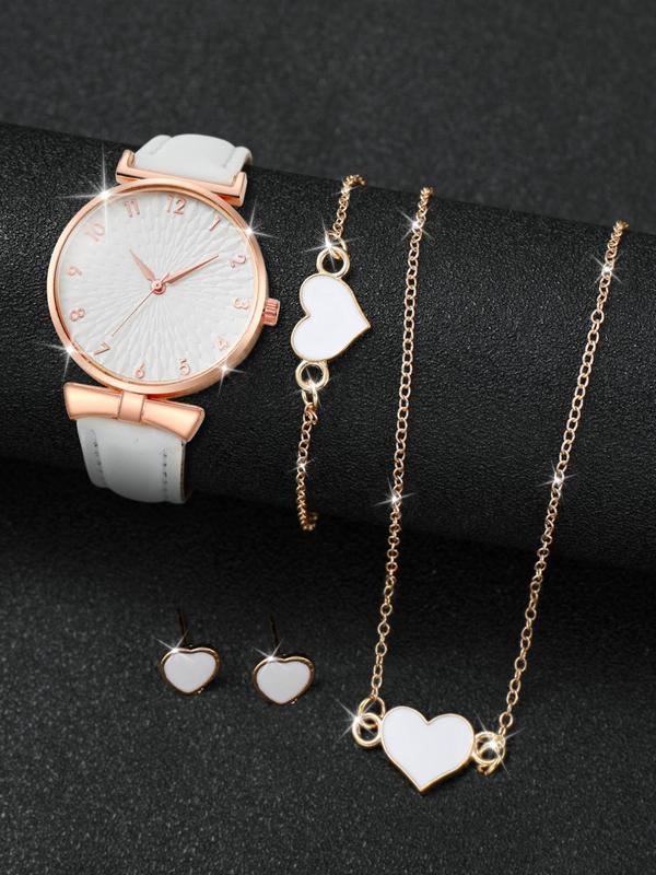 Round Dial Analog Quartz Watch & Heart Charm Bracelet & Necklace & Stud Earrings, Minimalist Vintage Luxury 2024 Trendy Wristwatch for Gf, without Box Summer Watch Set As Girlfriend Gifts