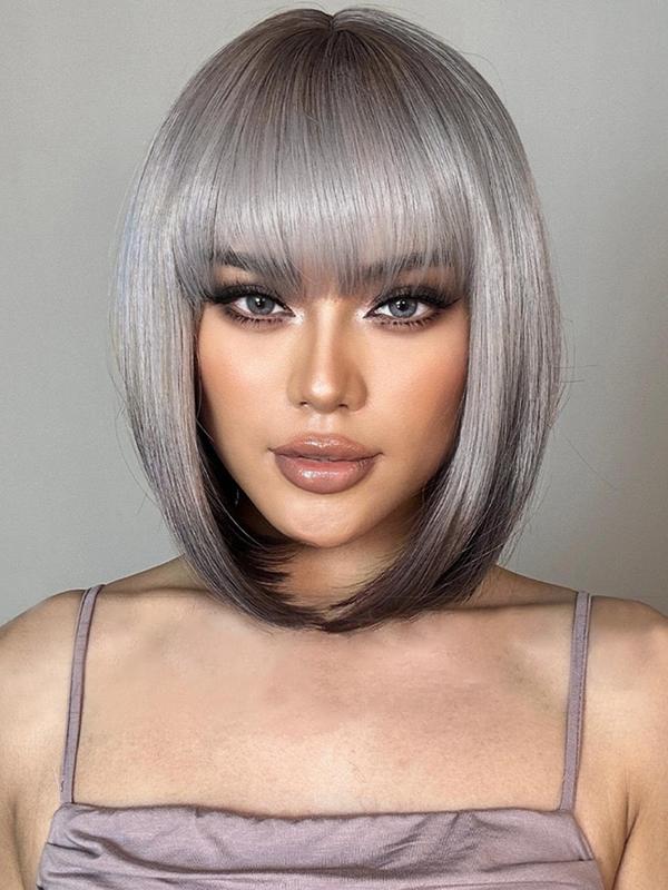 12 Inch Gray Ombre Black Short Bob Wigs for Women, Gorgeous Fluffy Heat-resistant Wigs with Blunt Bangs, Synthetic Full Machine Wigs for Party, Daily Use