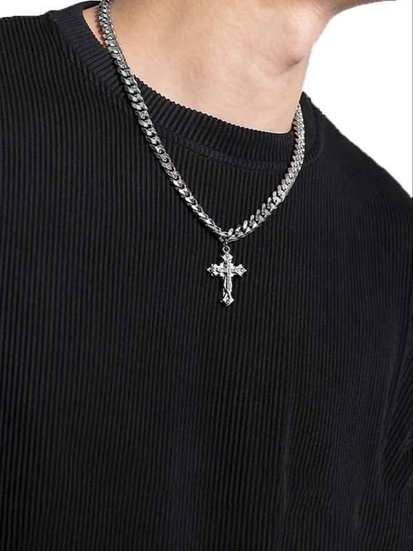 Men's Street Style Chunky Chain Necklace,  Trendy Cross Charm Cuban Link Chain Necklace, Chic Hip Hop Jewelry for Party Decor