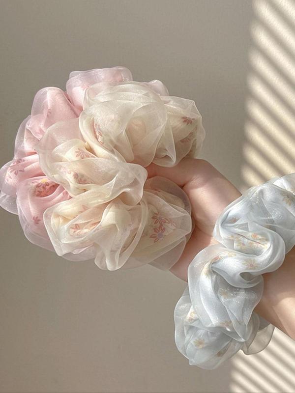 Ditsy Floral Print Scrunchie (3pcs), Elegant High Stretch Hair Accessories for Women & Girls, Minimalist Headwear Suitable for Thick Hair, Extra-large Chiffon Scrunchy