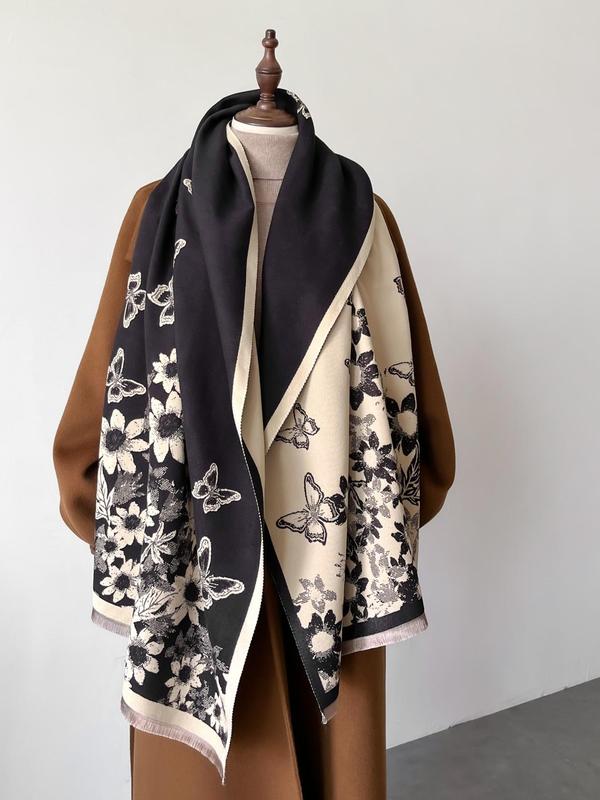 Butterfly & Plants Pattern Tassel Detail Shawl, Casual Soft Warm Long Scarf for Fall & Winter, Fashion Accessories for Women & Men