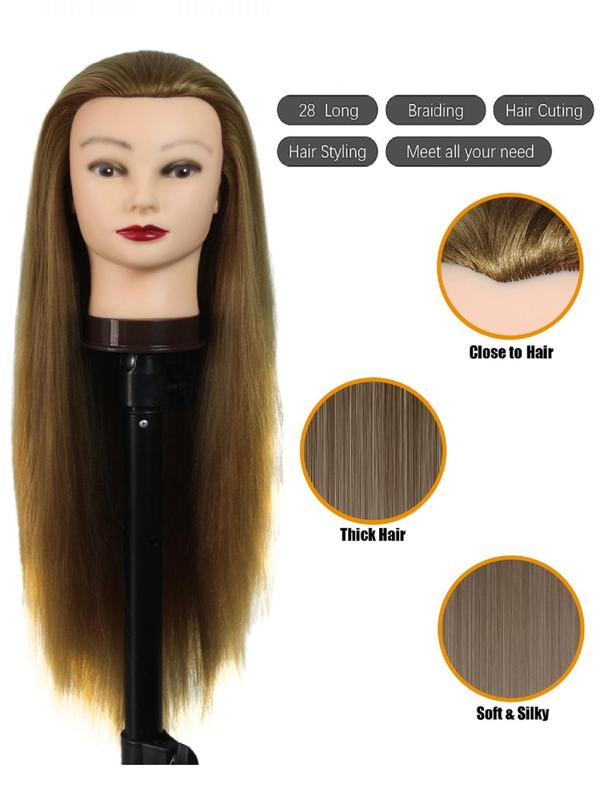 26 Inch Long Straight Hair Training Head with Table Clamp & Tools, Synthetic Hair Styling Head, Hairdressing Head for Braiding