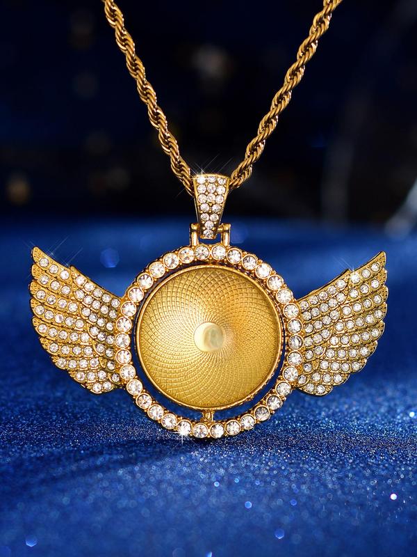 Angel Wing Design Pendant Necklace for Women for Gift, Rhinestone Decor Round Shaped Jewelry for Women Party, Club, Elegant Fashion Accessories for Daily Wear,  Men's Chain