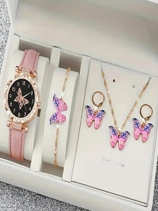 Women's Elegant Fashion Butterfly Design Quartz Watch & Bracelet & Necklace & Earrings, without Box, 2024 New Style Watch Set for Women As Anniversary Gift