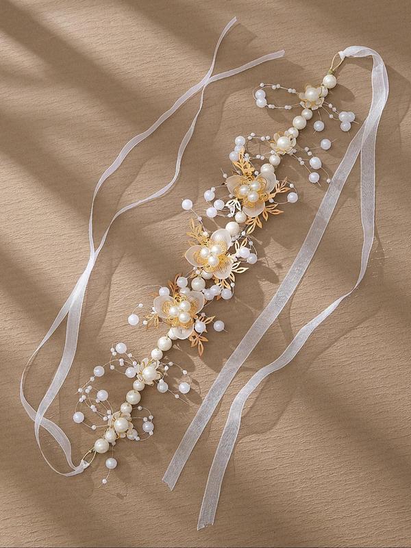  Faux Pearl Decorated Flower Design Headband, Elegant Wedding Bridal Hair Accessories