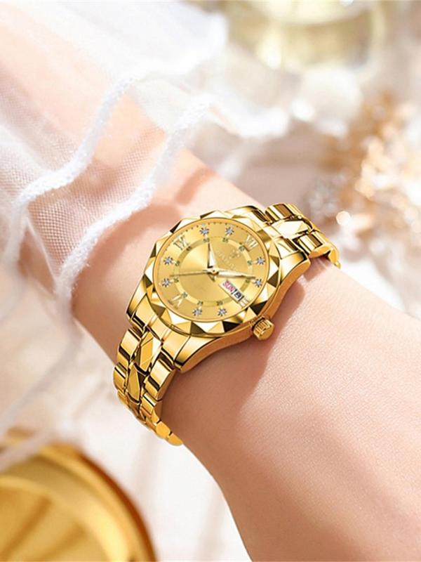 Women's Elegant Rhinestone Decorated Round Dial Analog Quartz Watch, Fashionable Stainless Steel Strap Watch for Women & Girls, Calendar Function 30m Waterproof Meter Watch for Birthday Gift with Box, Fall Outfit