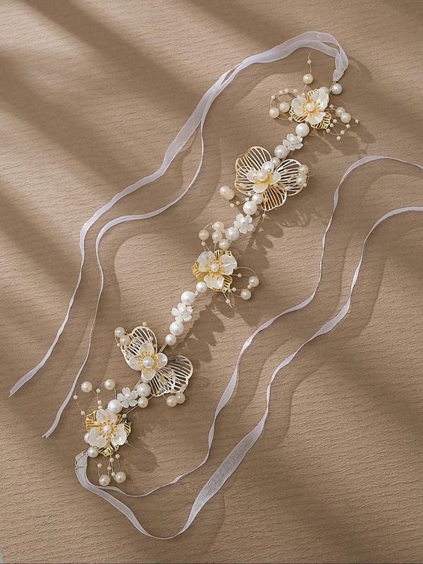  Faux Pearl Decorated Flower Design Headband, Elegant Wedding Bridal Hair Accessories