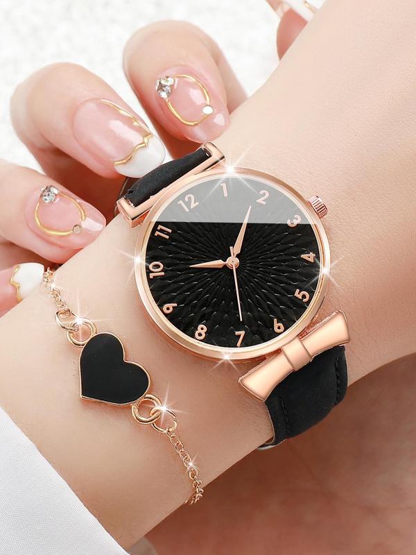 Round Dial Analog Quartz Watch & Heart Charm Bracelet & Necklace & Stud Earrings, Minimalist Vintage Luxury 2024 Trendy Wristwatch for Gf, without Box Summer Watch Set As Girlfriend Gifts