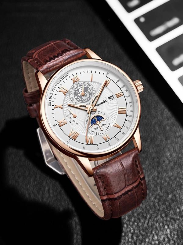 Men's Business Fashion Round Dial Analog Quartz Watch, Fashion Watch for Party, Daily Clothing Decor, Trendy All-match & Exquisite Watch for Birthday Gift with Box